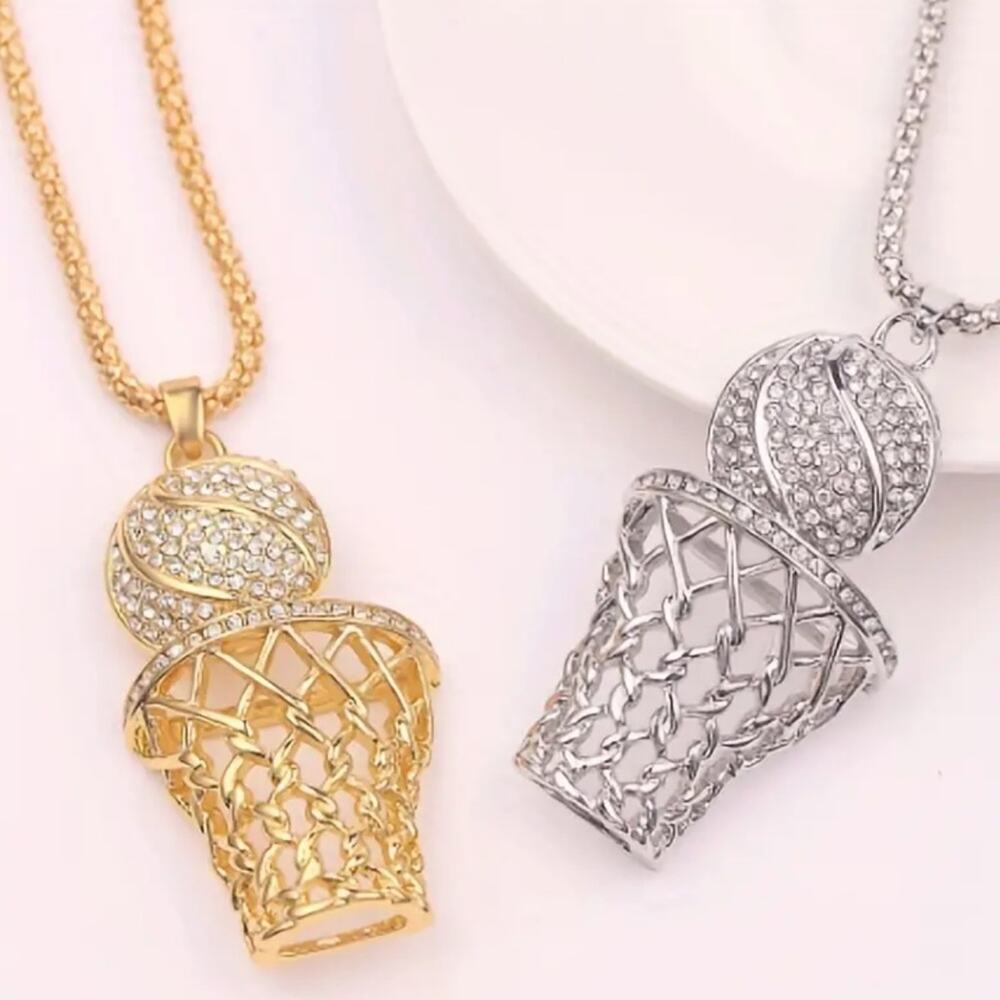 Basketball Necklace Silver Tone with Rhinestones 24” Chain